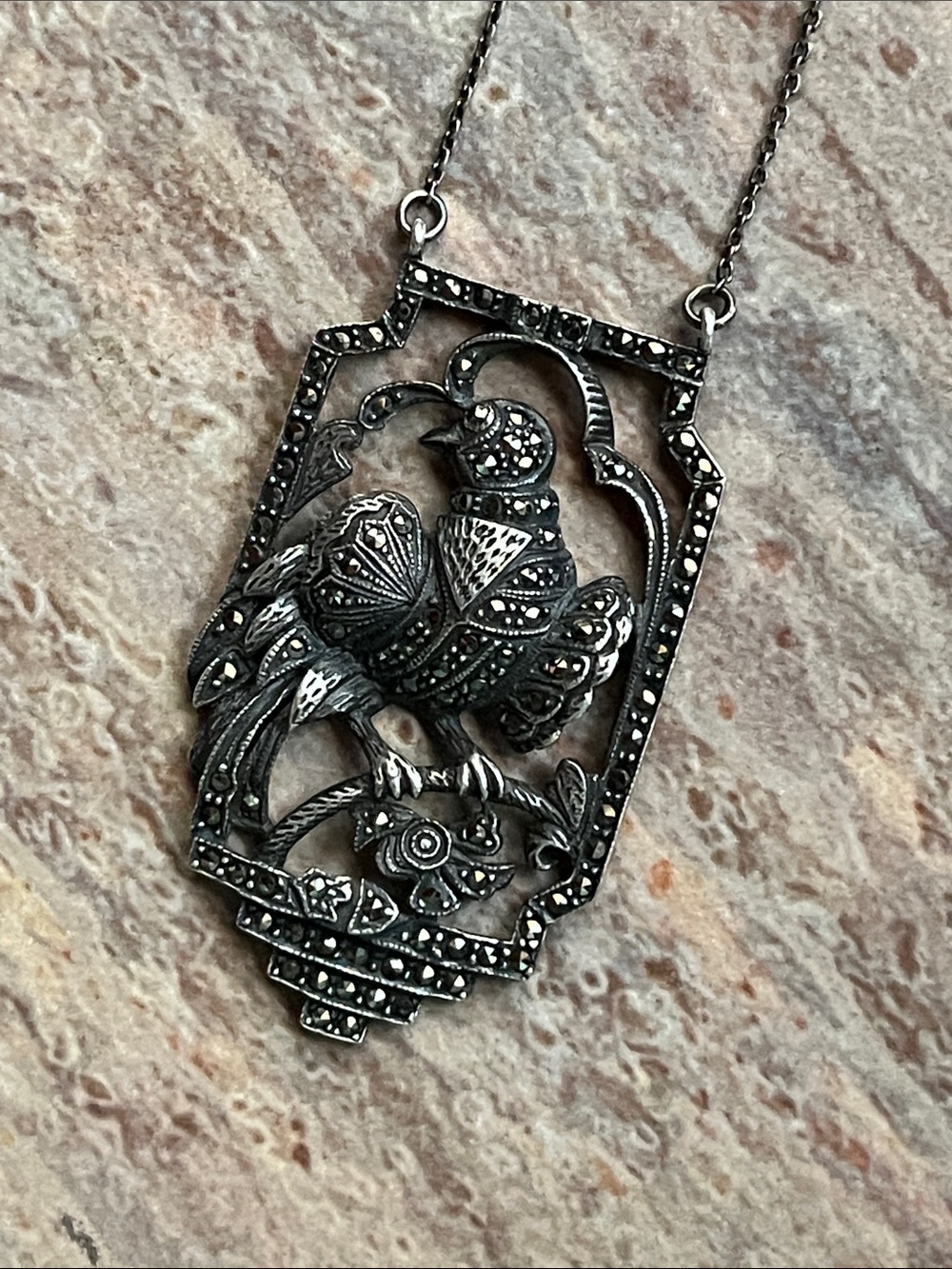 Antique Sterling Silver And Marcasite Bird Necklace - Picture 13 of 16